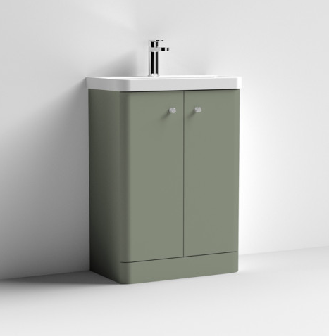 Nuie Core Satin Green 600mm Floor Standing 2 Door Vanity Unit & Basin